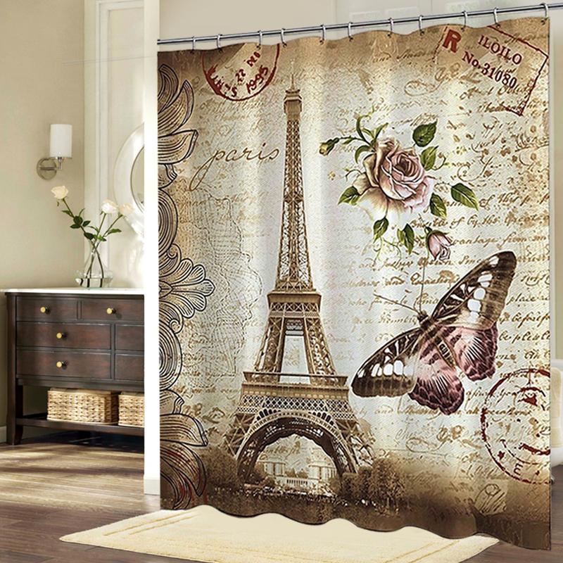 FunnyBathroom™ Paris Bathroom Shower Curtains Eiffel Tower Waterproof Fabric & Hooks Set - Shopcytee