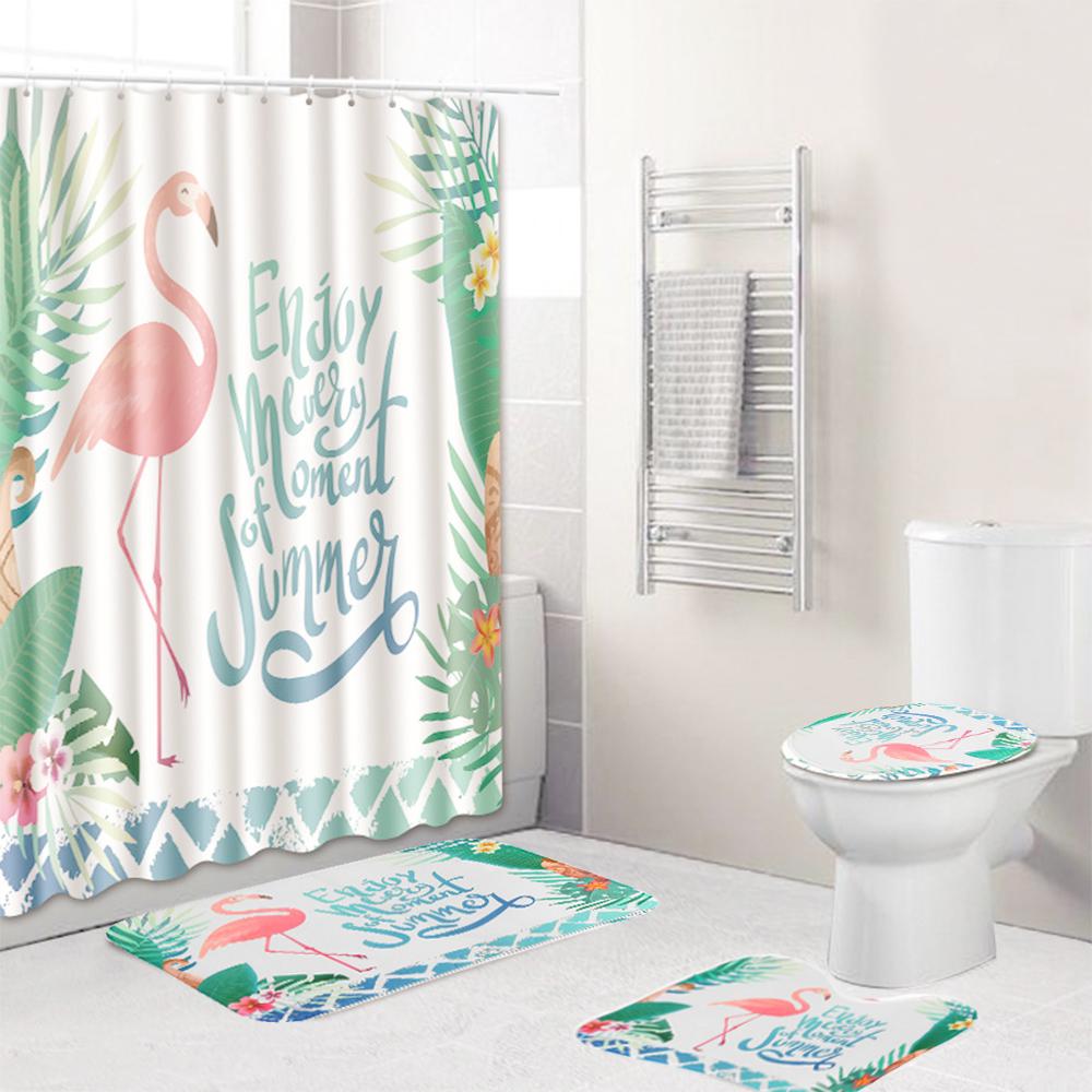 FunnyBathroom™ Pink Flamingo Shower Curtain Sets 3 PCS Bathroom Carpet Set Toilet Cover Polyester Fabric