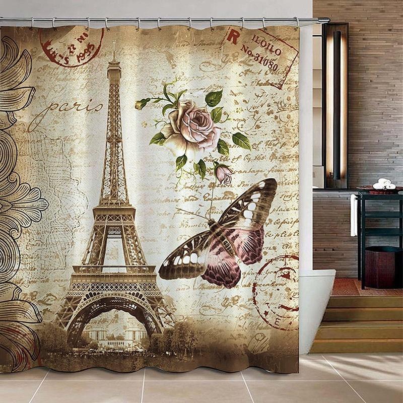FunnyBathroom™ Paris Bathroom Shower Curtains Eiffel Tower Waterproof Fabric & Hooks Set